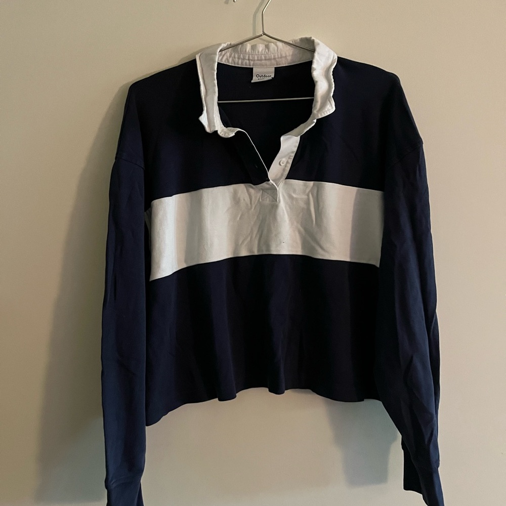 Outdoor Voices Navy and White Women's Cropped Polo Shirt